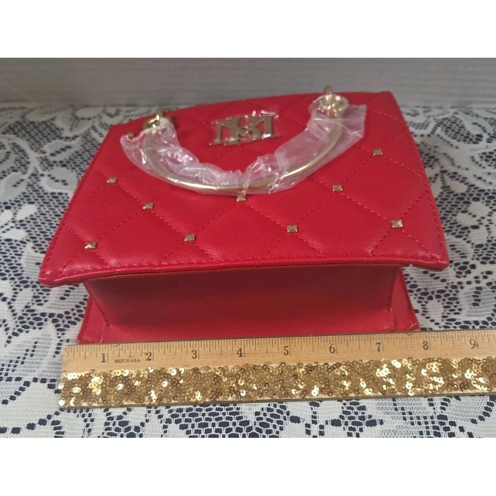 Badgley Mischka Small Red Tote Gold Hardware Handles Square Quilting w/studs NWT